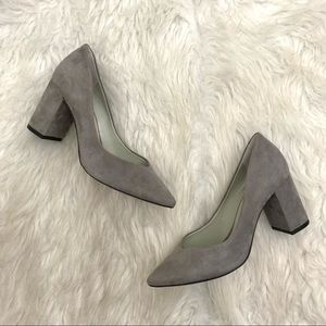 1. State Saffy Suede Gray Block Heel Pumps